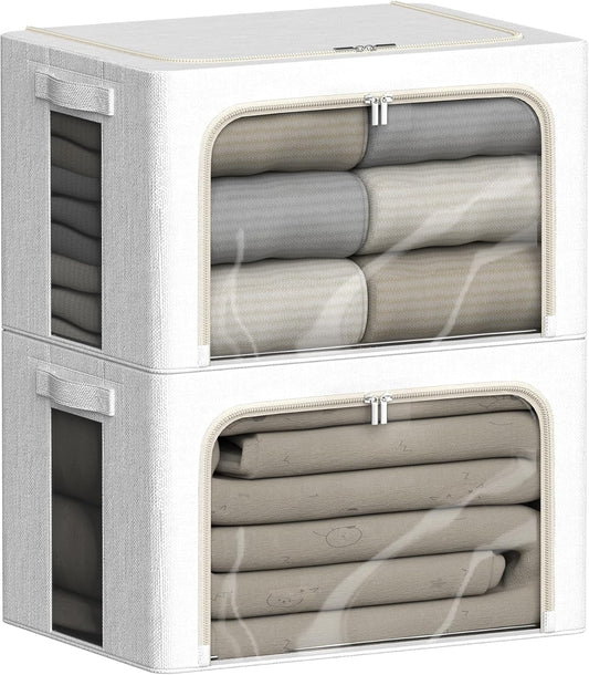 FHSQX 2 Pack Clear Window Storage Bins Large Stackable Linen Fabric Storage for Clothes Foldable Container Organizer Set with Carrying Handles (Lvory White, 15.7x 11.8x 7.8Inch)