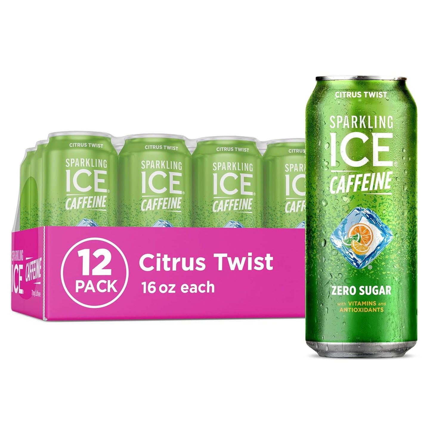 Sparkling Ice Caffeine Citrus Twist Sparkling Water with Caffeine, Zero Sugar, with Antioxidants and Vitamins,16 fl oz Cans (Pack Of 12)
