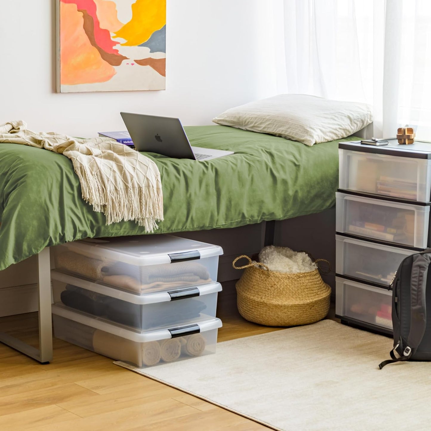 IRIS USA 40 Qt Plastic Under Bed Storage Nestable Organizer Bin Container with Secure Lids and Durable Buckles, 3-Pack, Under Bed Storage Containers for Clothes Shoes Bedding, Black/Clear