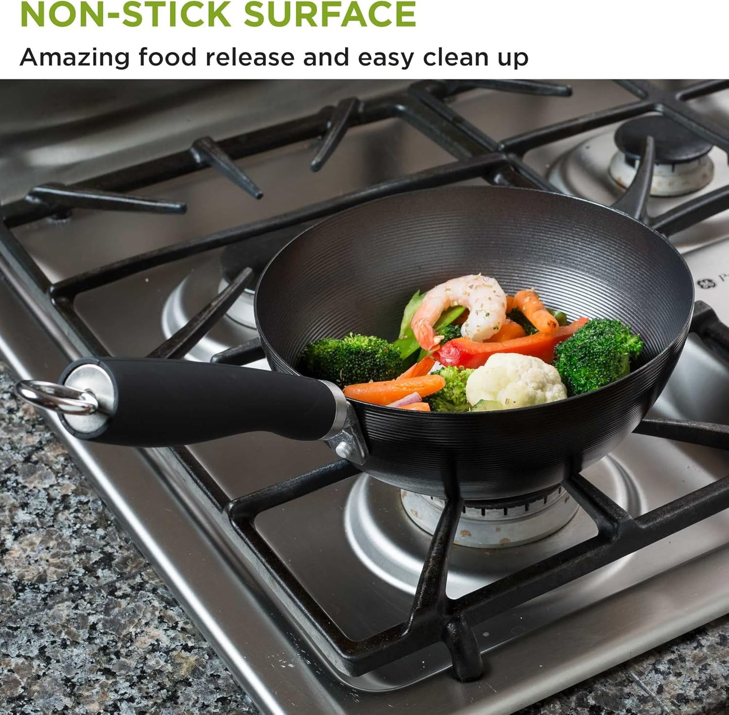 Ecolution Non-Stick Carbon Steel Wok with Soft Touch Riveted Handle, 8",Black