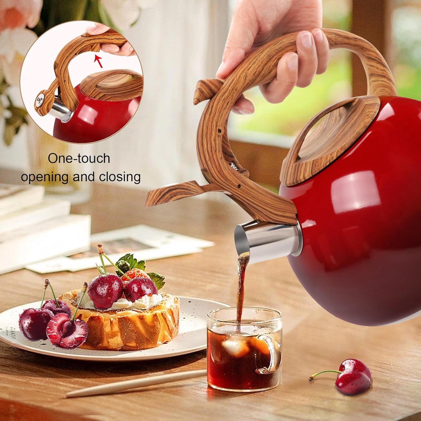 GGC Tea Kettle for Stove Top, 3.1QT/3L Whistling Tea Kettles for Boiling Water Coffee or Milk, Gradient Red Pot with Wood Parttern Handle, Stainless Steel Kettle Pot for Home and Kitchen