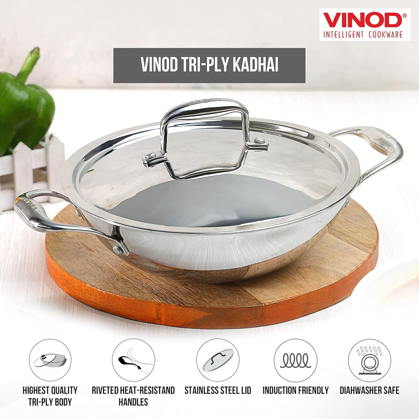 Vinod Platinum Triply Stainless Steel Kadai | Suitable For Indian Cooking, Sauces, Stews, Soups | Extra Deep Kadai With Lid | Induction, Electric Friendly (26cm)