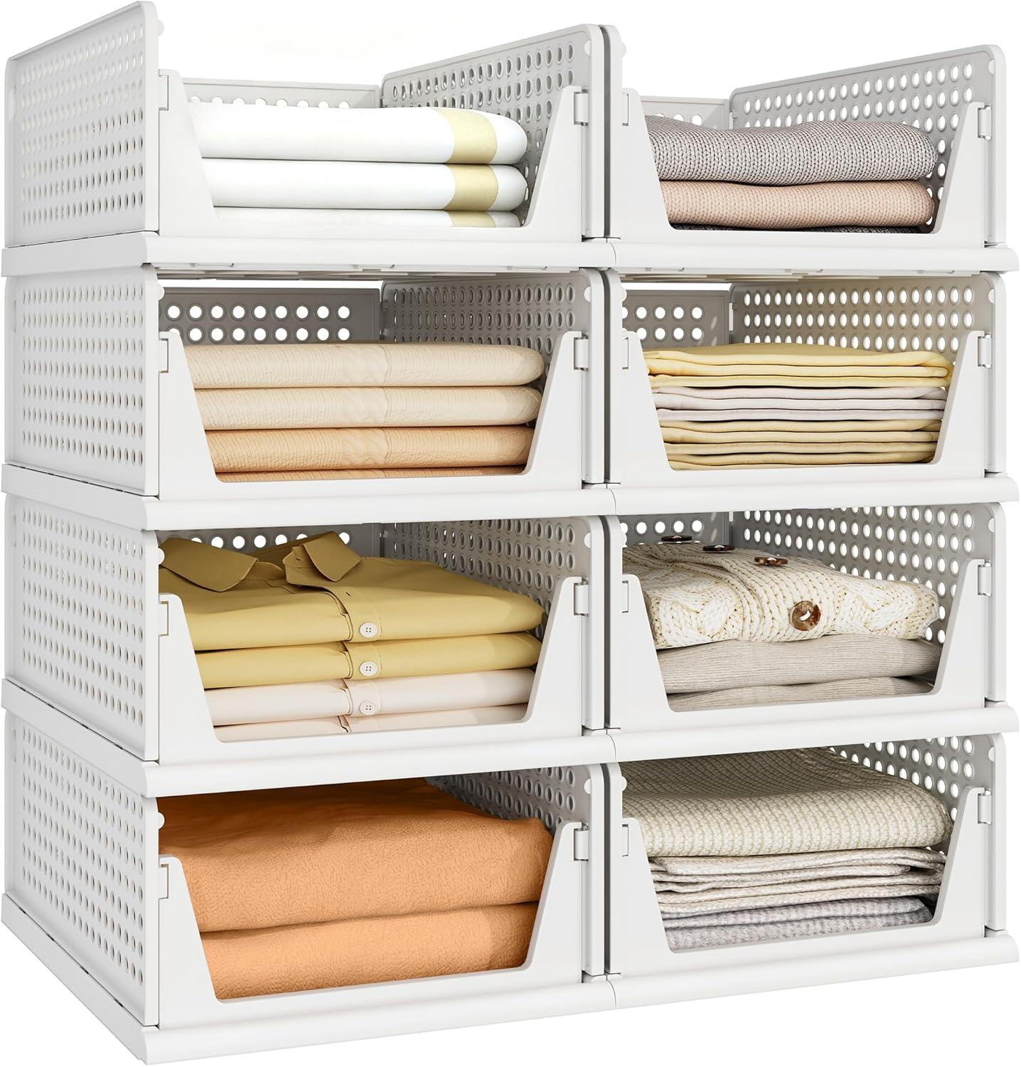 Pinkpum 8 Pack Closet Organizers and Storage Plastic Stackable Storage Bins, Foldable Drawer Shelf Storage Container for Wardrobe Kitchen Bathroom Dorm White