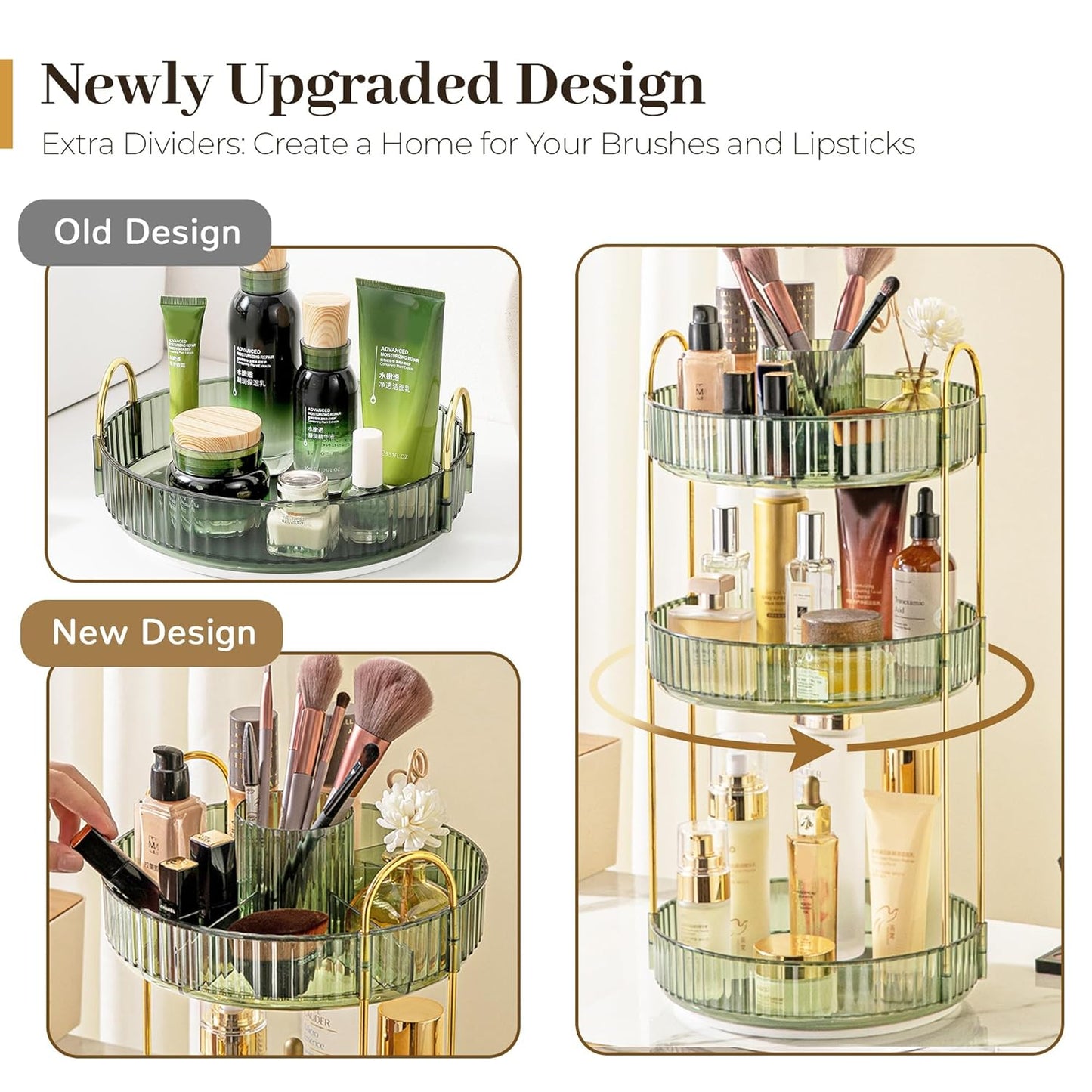 Aveniee Rotating Makeup Organizer for Vanity, Upagraded Perfume Skincare Bathroom Counter Organizers with Brush Divider, 2 Tier Spinning Lipstick Cosmetic Lotion Storage,Green