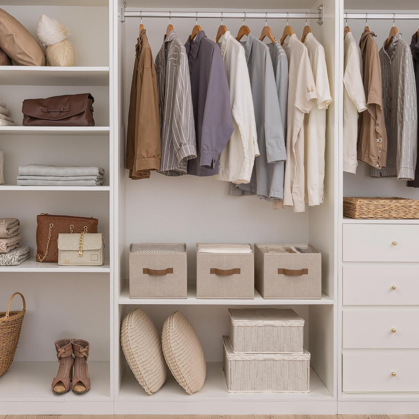 SroageWorks Storage Baskets for Shelves, Foldable Fabric Closet Storage Bins with Handles, Clothes Organizer Laundry Baskets, Brown & Beige, 3-Pack, Large