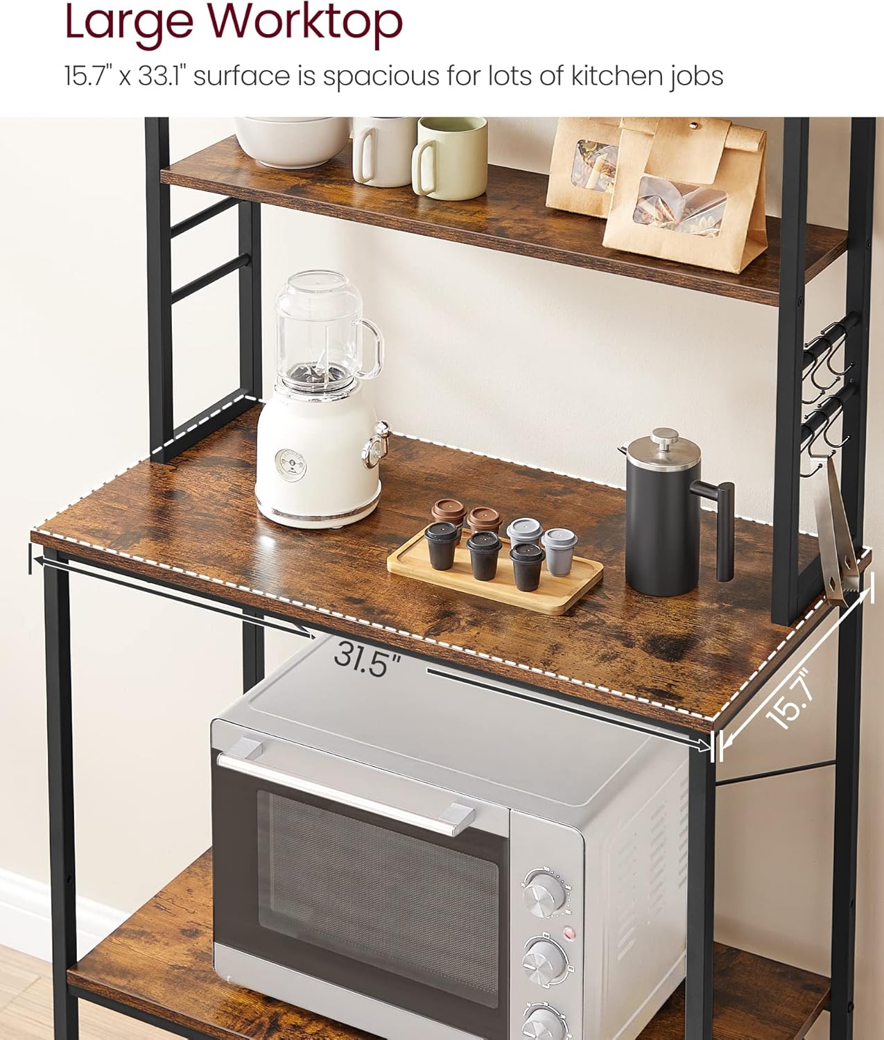 VASAGLE Coffee Bar, 31.5 Inches Baker's Rack for Kitchen with Storage, 6-Tier Kitchen Shelves with 6 Hooks, Microwave Stand, Industrial, Rustic Brown and Black UKKS019B01
