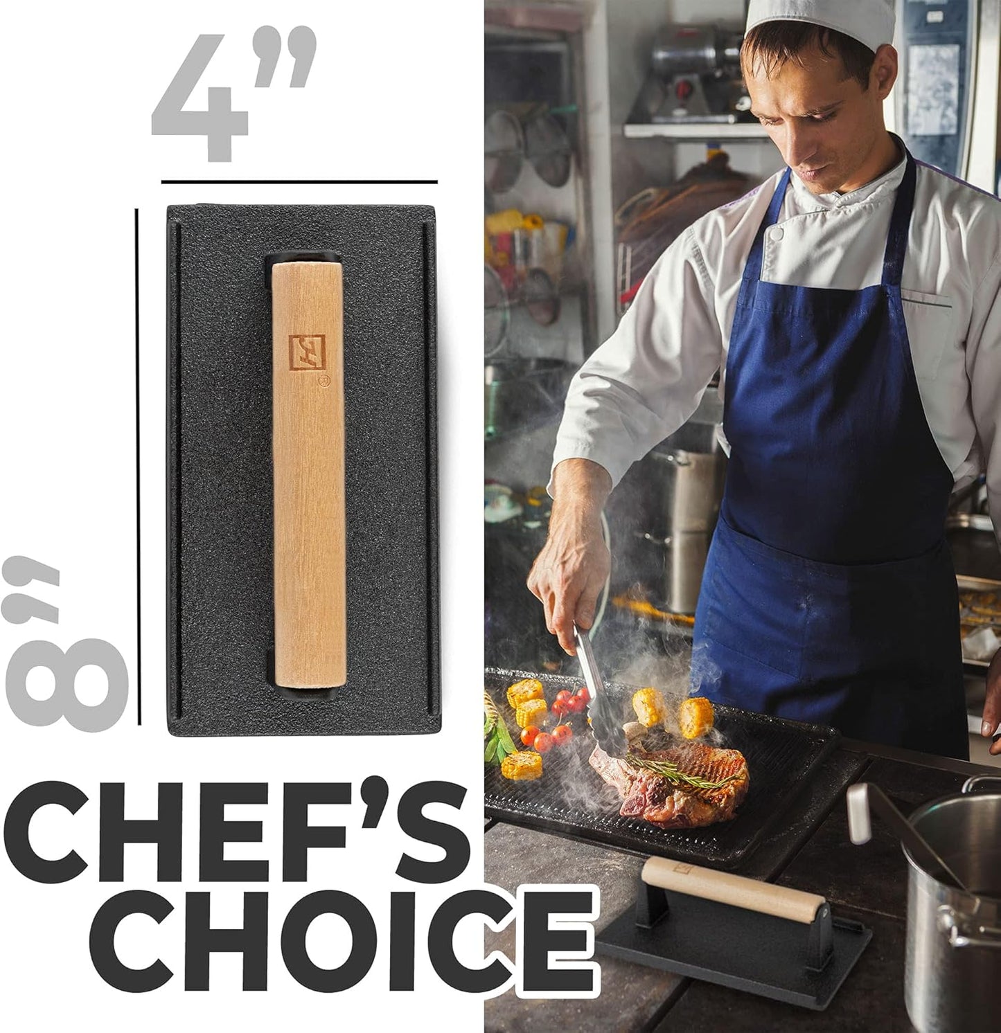 Cast Iron Grill Press (Set of 2) - 8 x 4 Inch, 2.6 lb Griddle Press with Cool-Touch Wood Handle - Pre-seasoned for Steak, Burgers, Sandwiches, and Paninis – Non-Stick Grill Weight