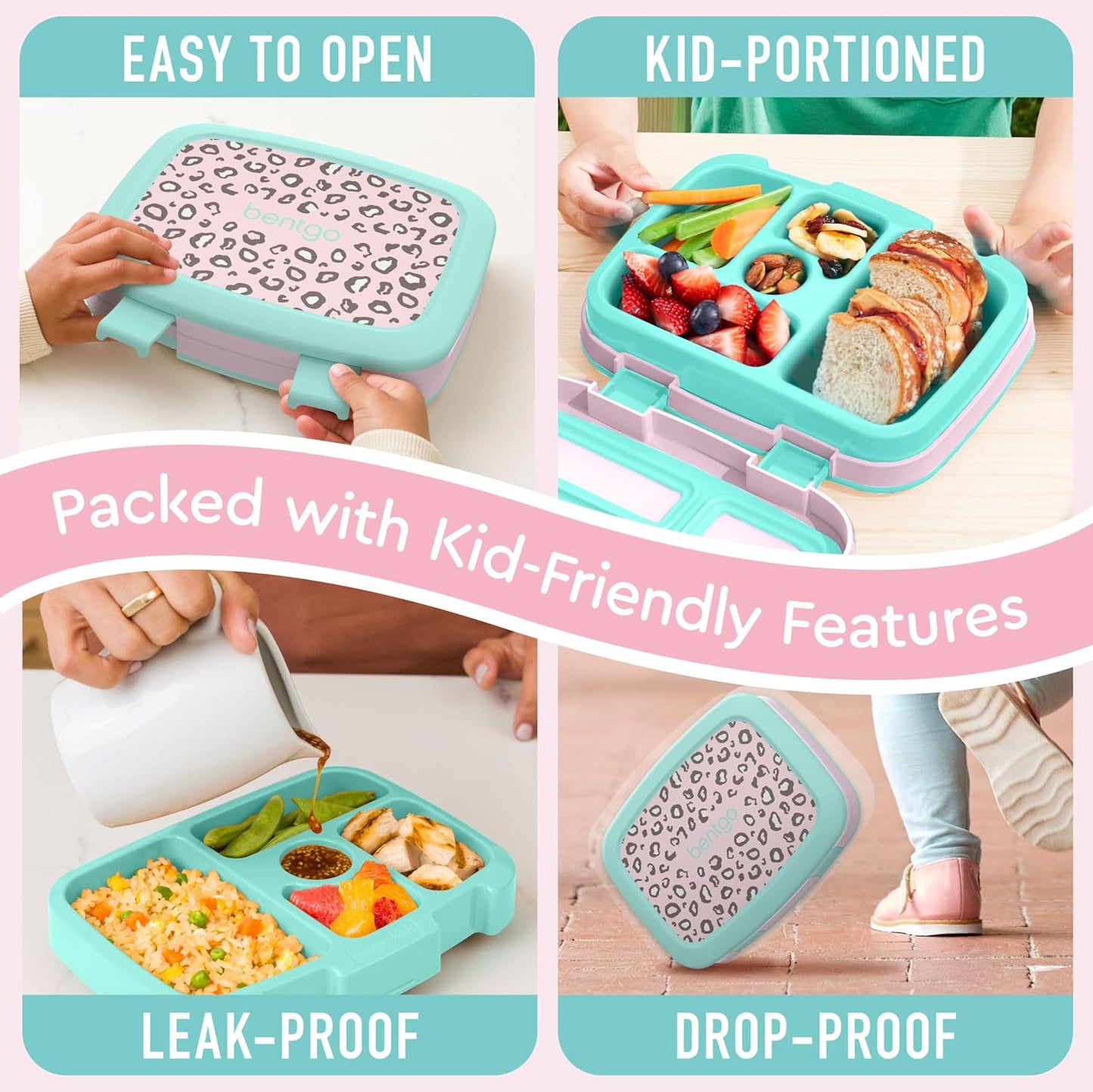 Bentgo Kids Prints Leak-Proof, 5-Compartment Bento-Style Kids Lunch Box - Ideal Portion Sizes for Ages 3-7, Durable, Drop-Proof, Dishwasher Safe, & PFAS & BPA-Free Materials (Leopard)