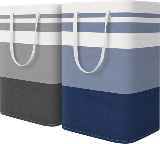 HomeHacks 2 Pack Large Laundry Baskets, Waterproof, Freestanding Laundry Hampers, Collapsible Clothes Hamper with Reinforced Handles in Laundry, College Dorm, Bathroom, Bedroom (Grey+Blue, 75Lx2)