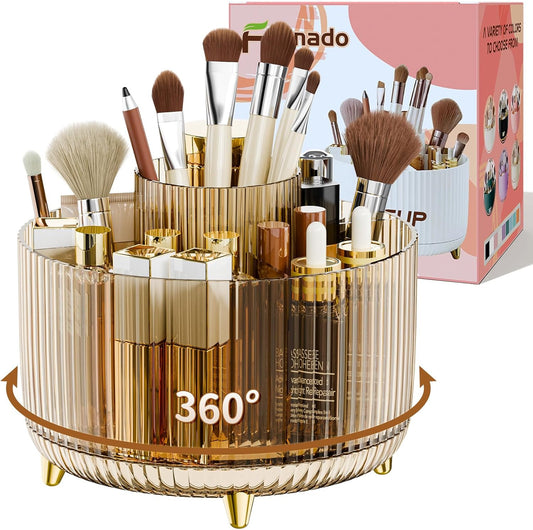 360° Rotate Makeup Brush Holder Organizer, Makeup Organizers Countertop, Makeup organization and Skincare Storage for Vanity, Desktop, Bathroom (Clear Amber)