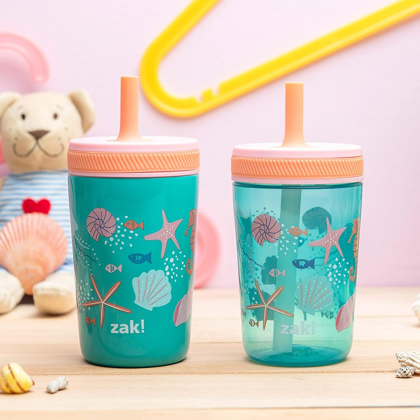 Zak Designs Shells Kelso Tumbler Set, Leak-Proof Screw-On Lid with Straw, Bundle for Kids Includes Plastic and Stainless Steel Cups with Bonus Sipper (3pc Set, Non-BPA)