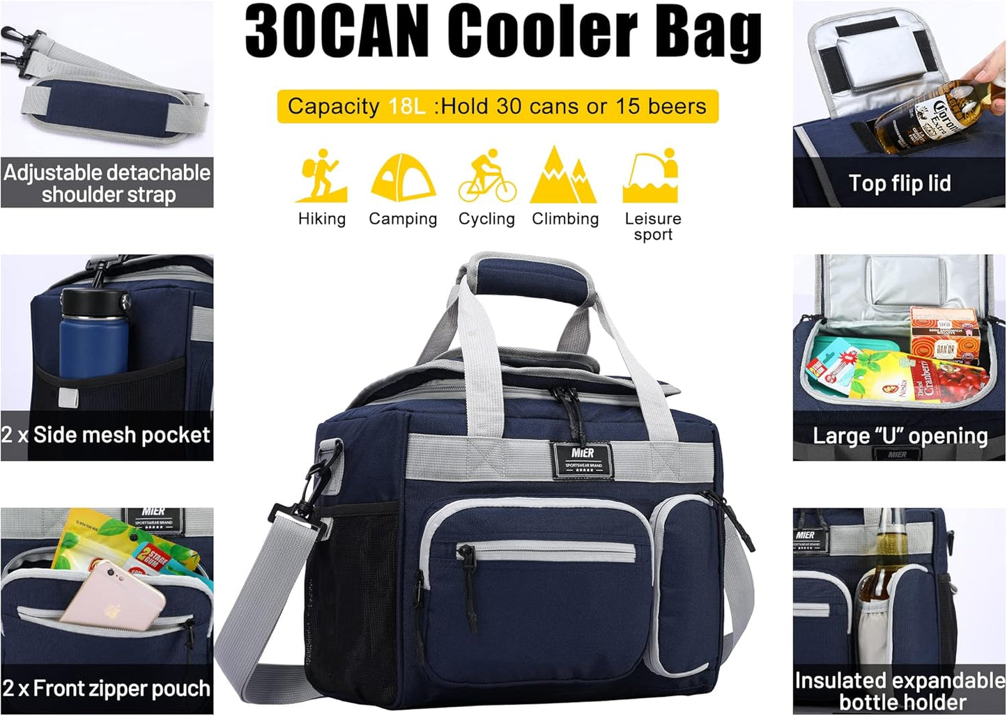 MIER Leakproof Insulated Cooler Lunch Bag for Adult Men Women 30 Can Cooler Bag with Top Flip Lid, 18L, Multiple Pockets (Dark Blue-No Luggage Strap)