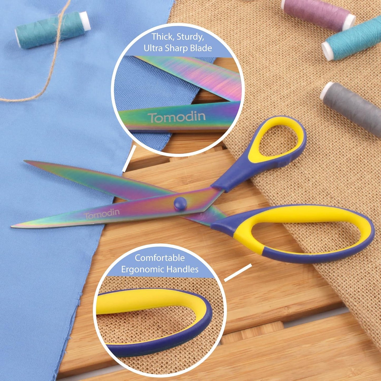 BambooMN Titanium Softgrip Scissors Set - Pinking, Sewing, Arts, Crafts, Office - 1 Set of 4 - Blue w/Yellow