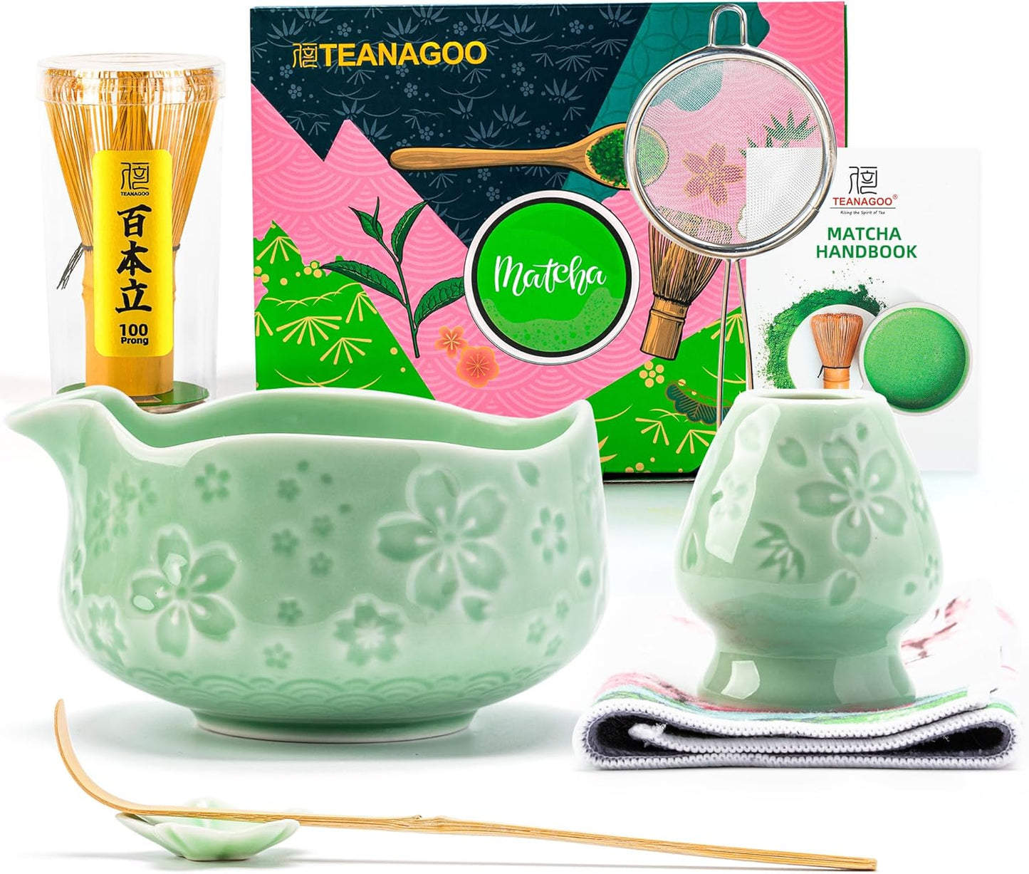 TEANAGOO Matcha Whisk Set,7 Pcs Matcha Set Blue Green,Ceremony Matcha Kit,Matcha Tea Set for Making Latte,Ceramic Bowl(chawan) whith Spout and Whisk,Gift for Matcha Lovers