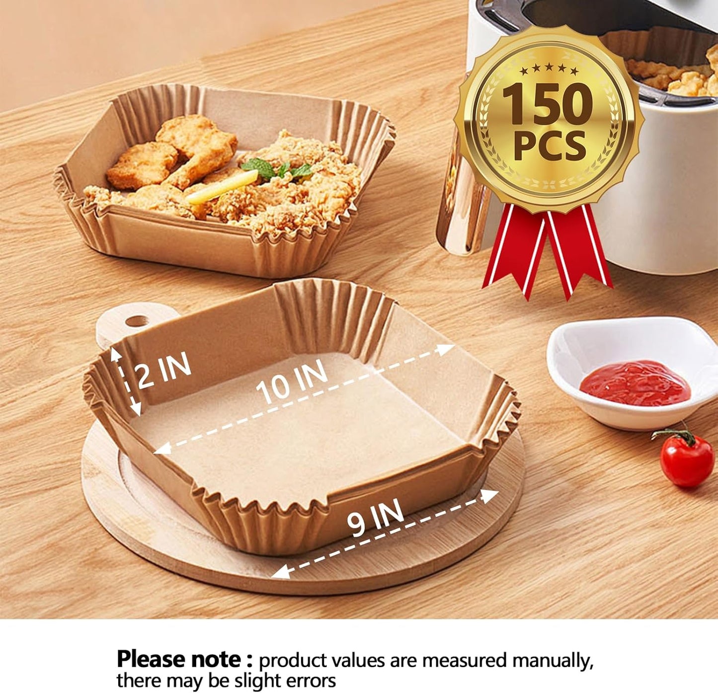 10 Inch Air Fryer Paper Liners, 150Pcs Air Fryer Liner Disposable, Oil-Proof & High-Temperature Resistant Parchment Baking Paper for Air Fryer, Microwave and Oven（Bottom Is 9 Inch）