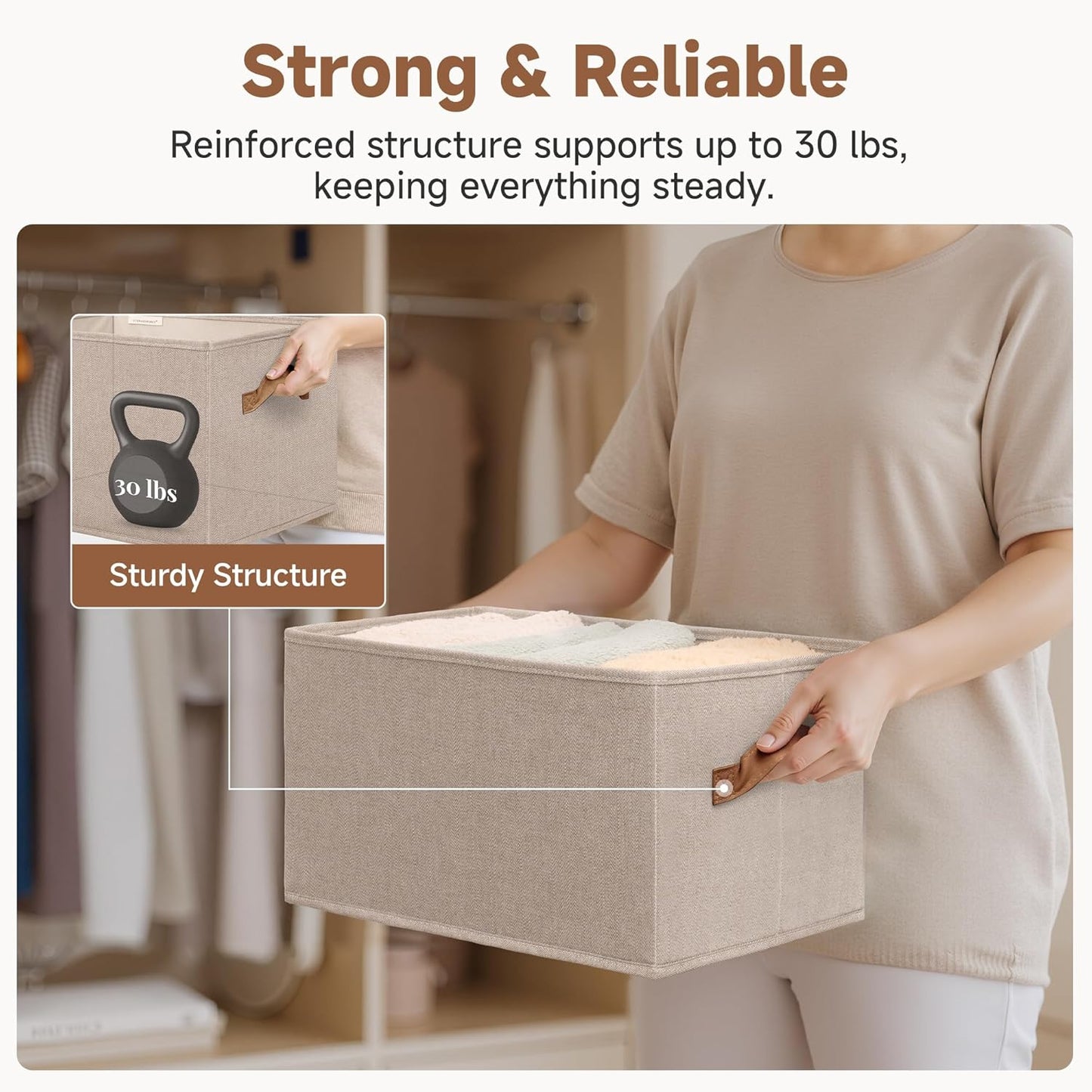 SroageWorks Storage Baskets for Shelves, Foldable Fabric Closet Storage Bins with Handles, Clothes Organizer Laundry Baskets, Brown & Beige, 3-Pack, Large