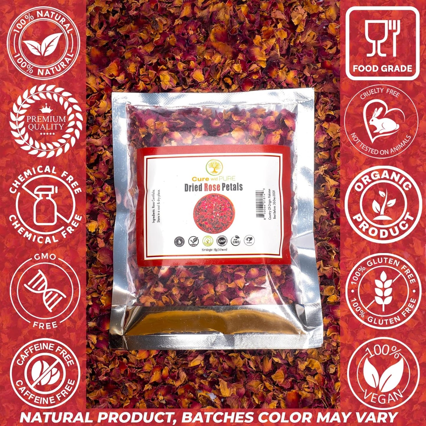 Cure Wid Pure Certified Organic Dried Rose Petals 1oz Food-Grade Edible Rose Petals for Tea,Cocktails,Baking,Skincare & DIY - Sun-Dried,Non-GMO,Gluten & Chemical-Free Edible Flowers in Resealable Bag