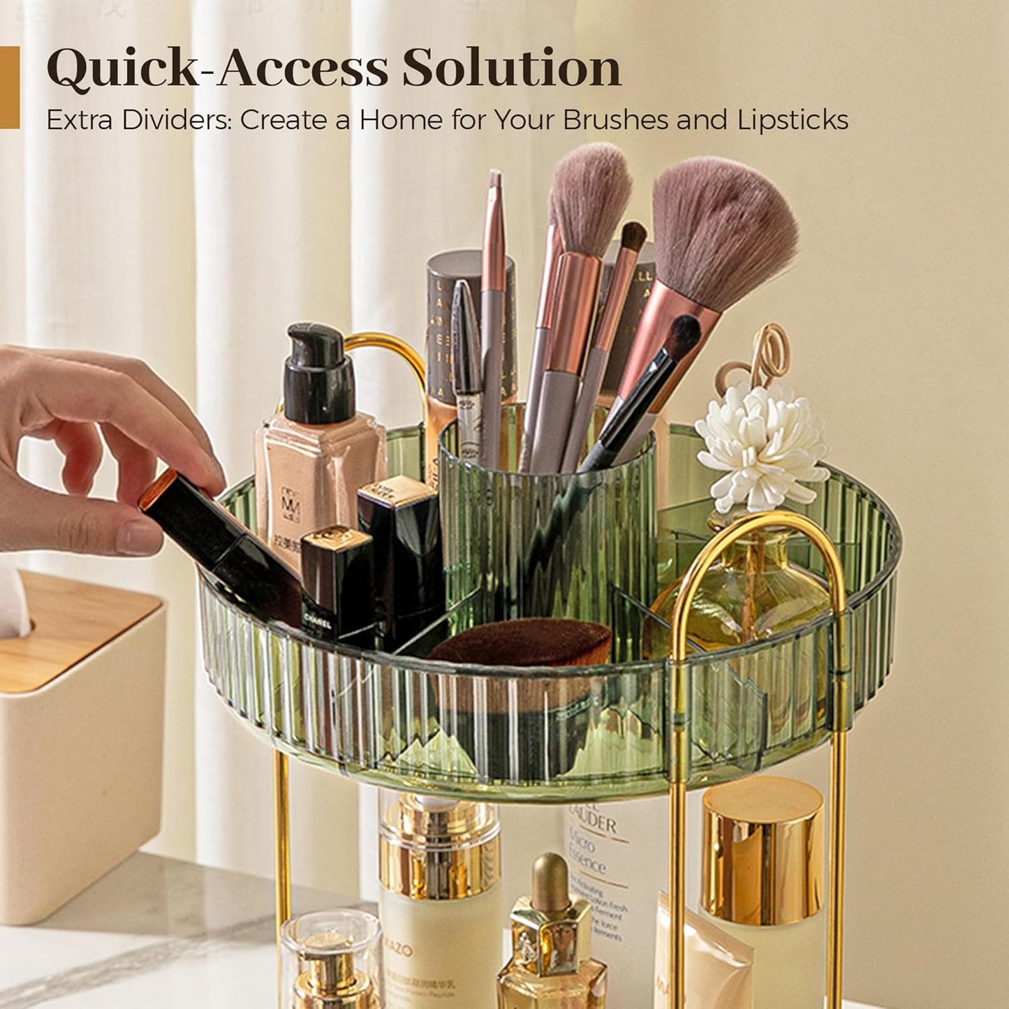 Aveniee 360 Rotating Makeup Organizer for Vanity, Perfume Storage with Brush Holder for Bathroom Countertop, 3 Tier Spinning Skincare Display Case for Lipstick Cosmetic Lotion,Green