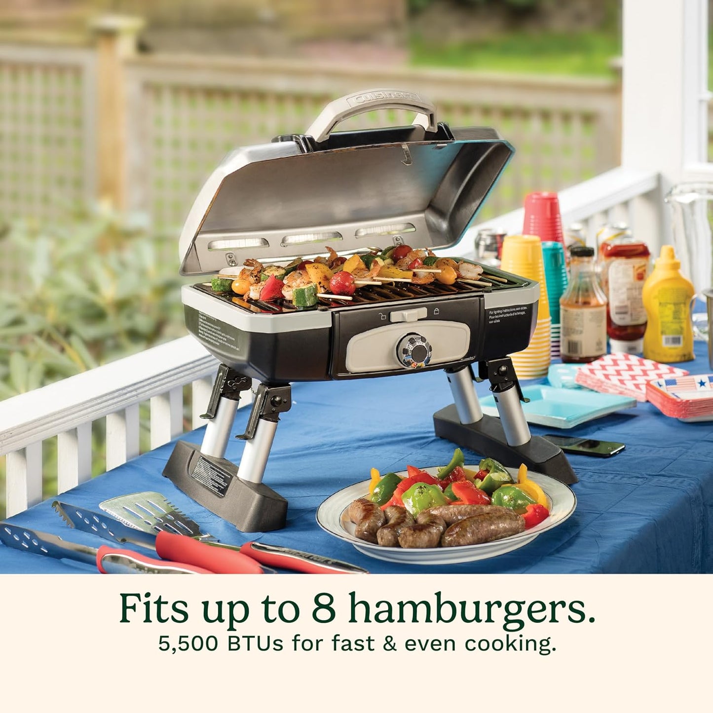 Cuisinart Petite Gourmet Portable Gas Grill, Compact Portable Grill Propane, 150 Sq. In. Cooking Surface, 5,500 BTU Burner Small Gas Grills for Camping, BBQ, Folding Legs and Carry Handles, Stainless