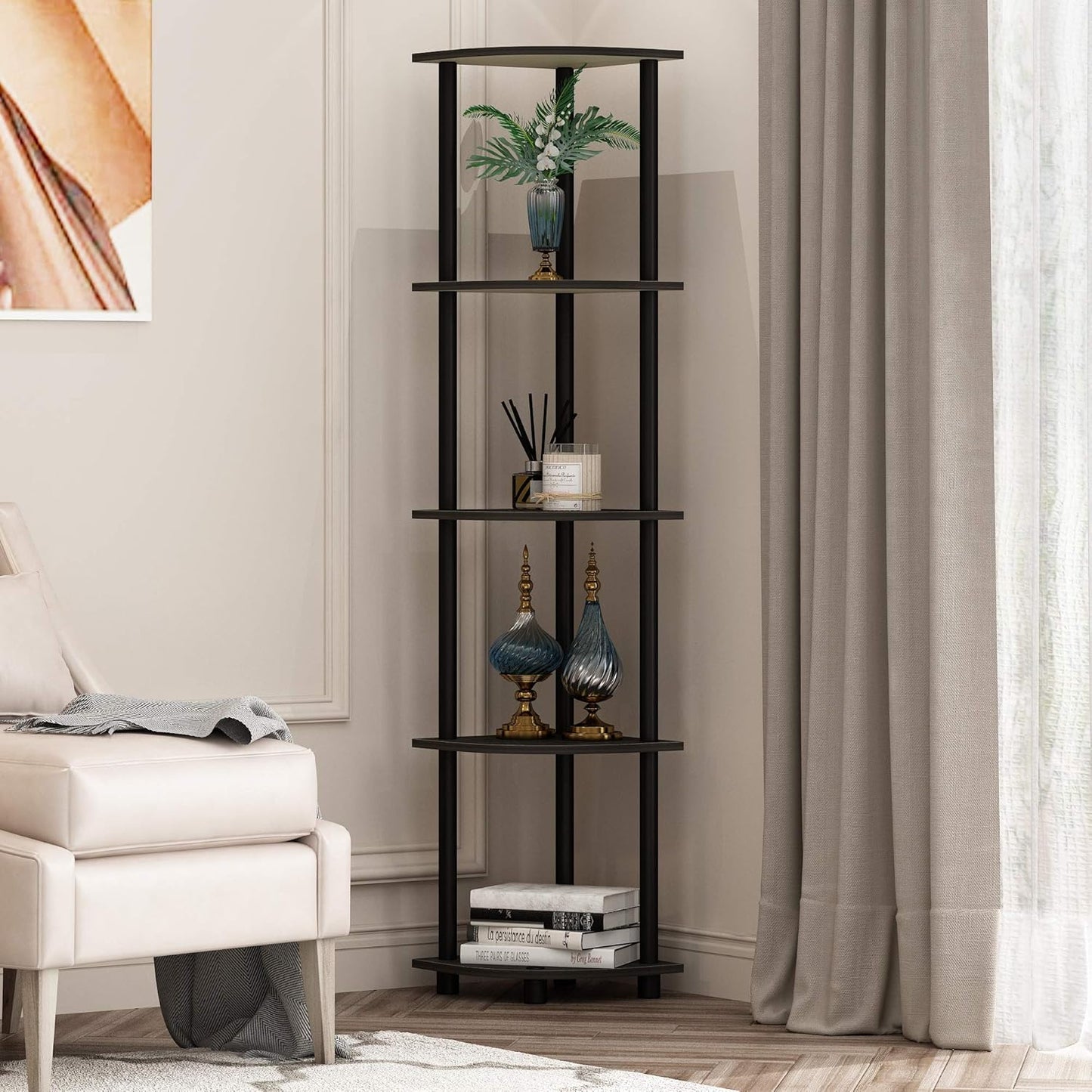 Furinno TURN-N-TUBE Corner Shelf Set of 2, 5-Tier Corner Bookshelf, Open Storage Shelves, for Organization and Storage, Living Room, Home Office, Garage, Espresso