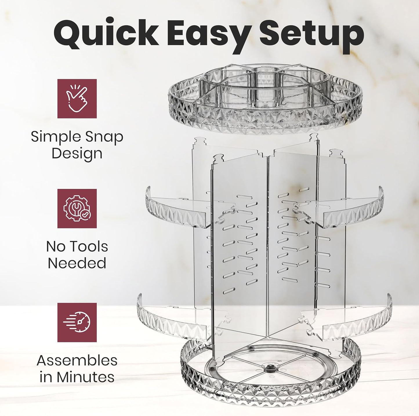 360 Rotating Makeup Organizer Diamond Design - Adjustable Shelf Height and Fully Rotatable - The Perfect Round Spinning Cosmetic Organizer for Bedroom Dresser or Vanity Countertop Storage (Clear)