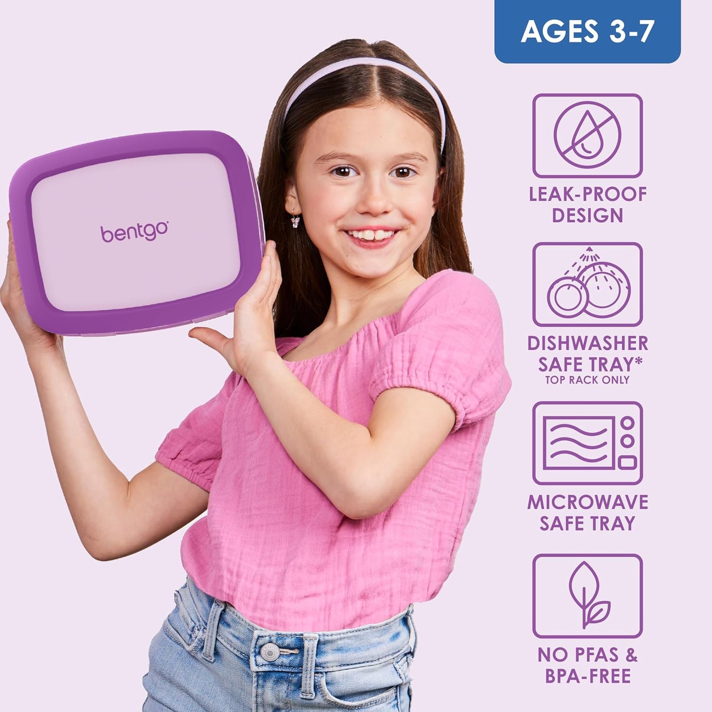 Bentgo Kids Bento-Style 5-Compartment Leak-Proof Lunch Box - Ideal Portion Sizes for Ages 3 to 7 - Durable, Drop-Proof, Dishwasher Safe, PFAS & BPA-Free & Made with Food-Safe Materials (Purple)
