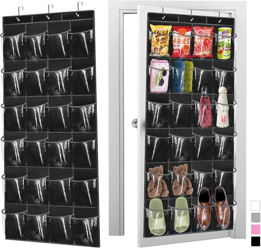 Over The Door Shoe Organizer - Space Saving Shoe Rack for Closet Door with 24 Pockets and Hook, Shoe Holder Back of Door Organizers for Shoes, Hanging Shoe Organizer (Black)