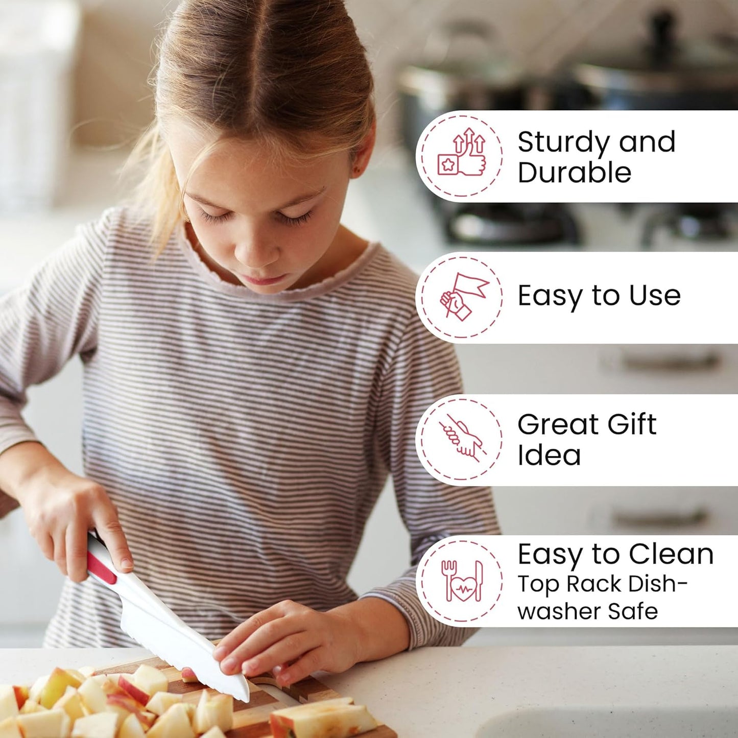 Zulay 3-Piece Kids Knife Set for Real Cooking & Baking - Toddler Knives for Cutting Fruits, Veggies, & Cake - Children’s Montessori Knive with Serrated Edges - Safe & Fun Lettuce Knife (Hot Pink)