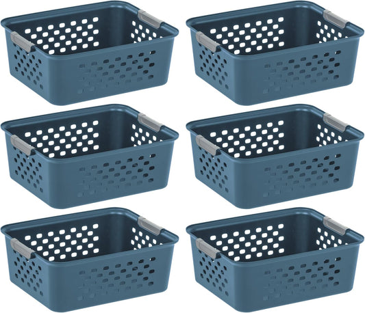 IRIS USA Plastic Storage Basket, 6-Pack, Medium, Shelf Basket Storage Organizer for Pantry, Cabinet, Bedroom, Closet, Laundry Room, Eco-Friendly, Navy