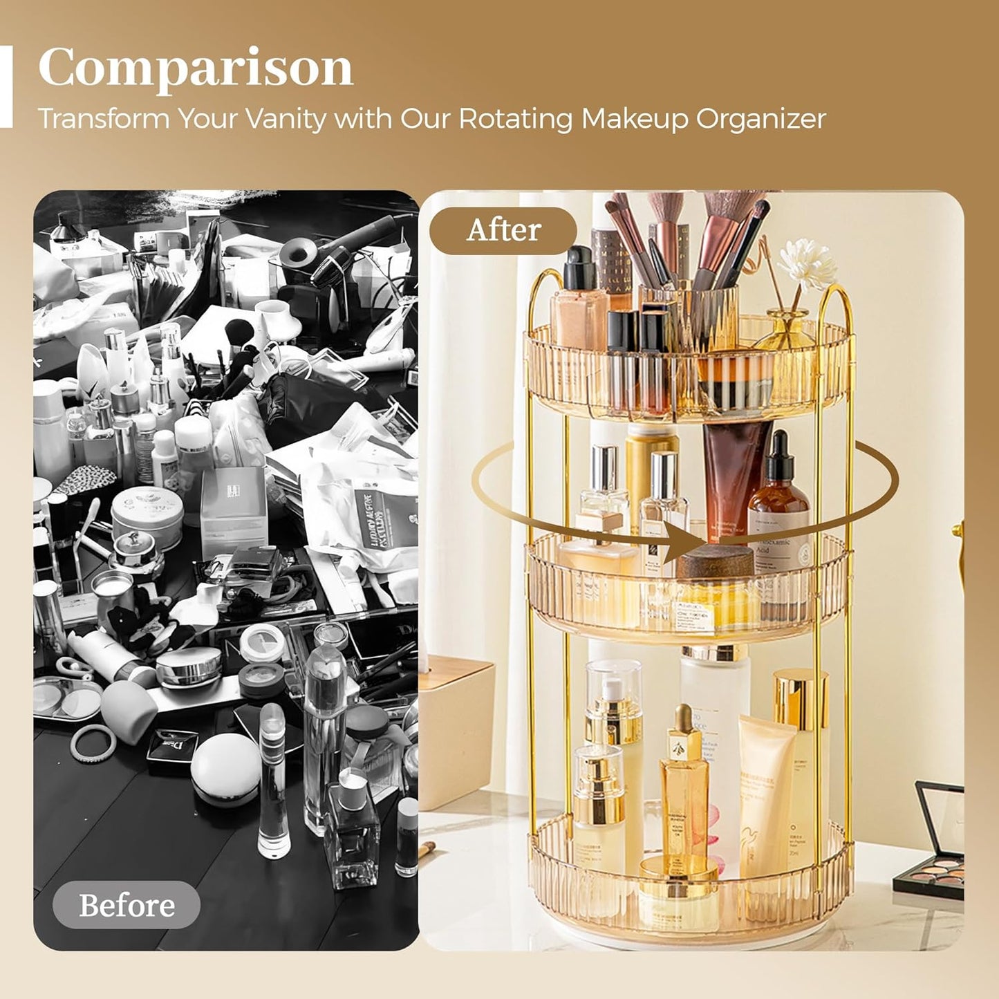 Aveniee 360° Rotating Makeup Organizer for Vanity, Upagraded Perfume Skincare Bathroom Counter Organizers with Brush Divider, 3 Tier Spinning Lipstick Cosmetic Lotion Storage,Gold
