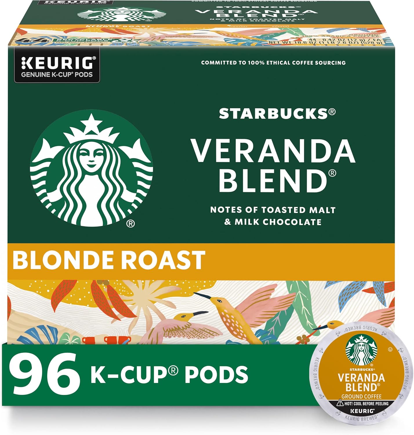 Starbucks K-Cup Coffee Pods, Starbucks Blonde Roast Coffee, Veranda Blend for Keurig Brewers, 100% Arabica, 4 boxes (96 pods total)