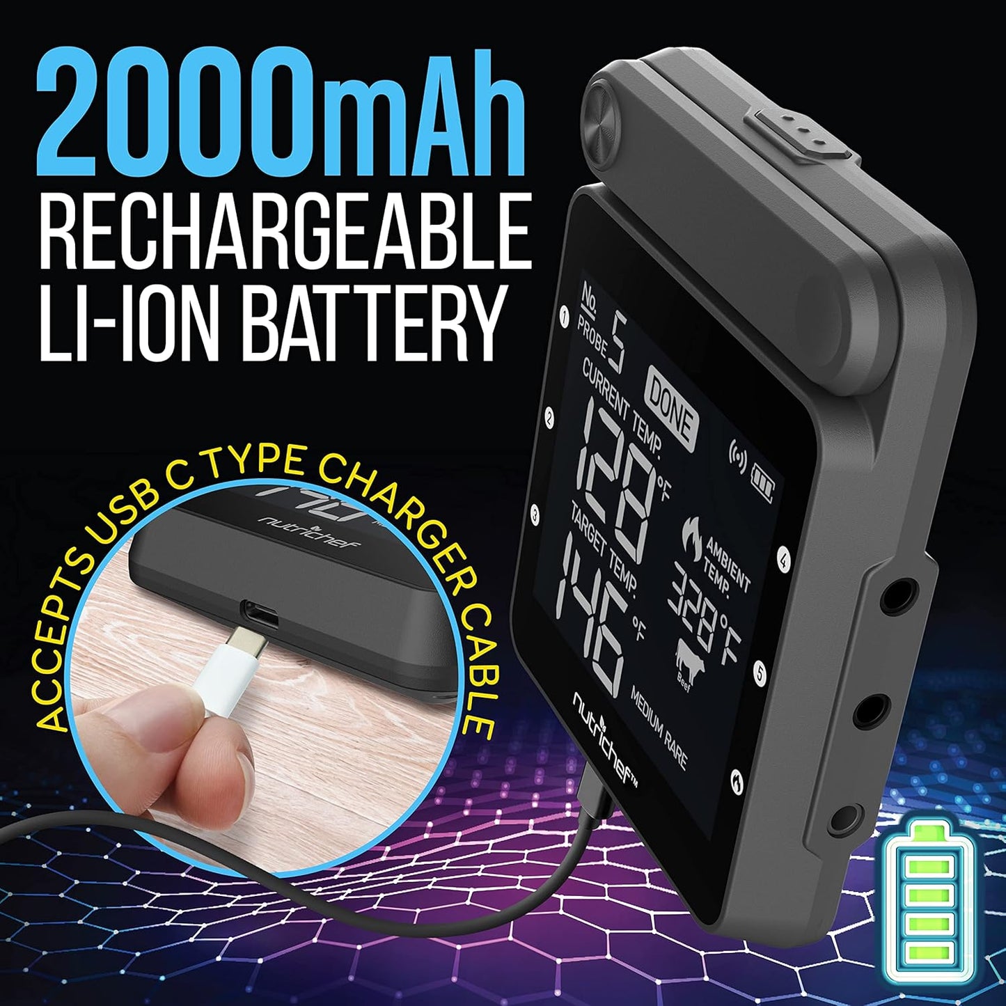 NutriChef WiFi Grill Meat Thermometer, Wireless Dual Smart Probes, Alarm Indoor from Outdoor Barbecue Smoker, Compatible with Any Smartphone, Rechargeable Meter for Outside BBQ Grilling