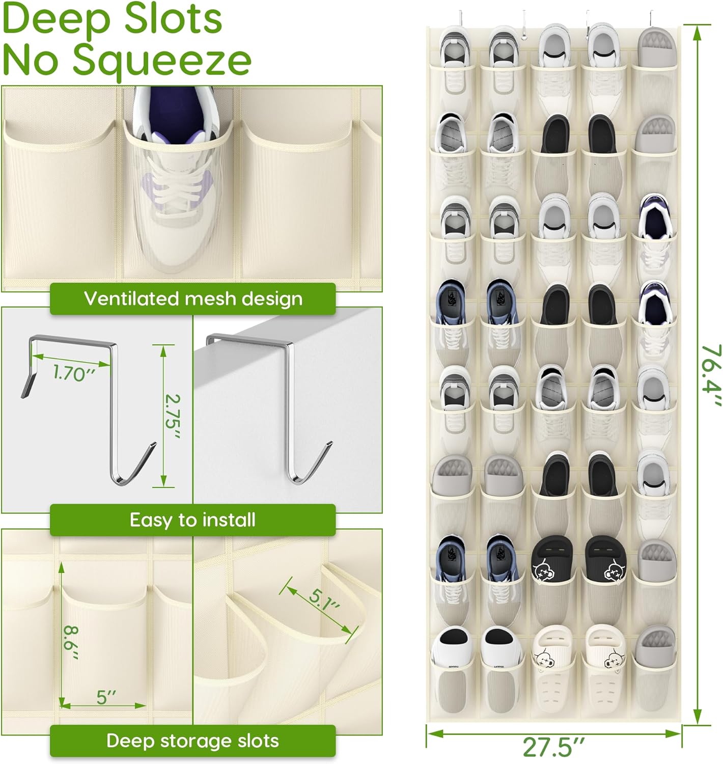 Unjumbly Over the Door Shoe Organizer with 40 Large Breathable Mesh Pockets, Space Saving Shoe Holder, Hanging Shoe Rack for Entryway Bedroom Closet Storage (Beige, 40 Pockets)