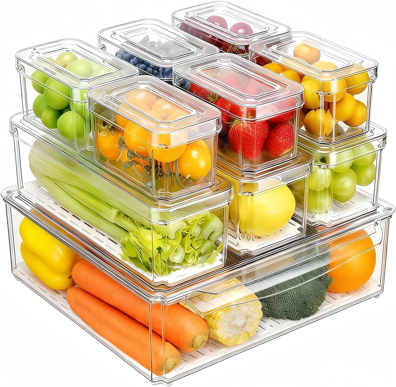 10-Pack Clear Fridge Organizer Containers with Lids, Stackable BPA-Free Refrigerator & Produce Storage Containers with Drain Tray & Anti-Slip Base for Fruits, Veggies & Drinks