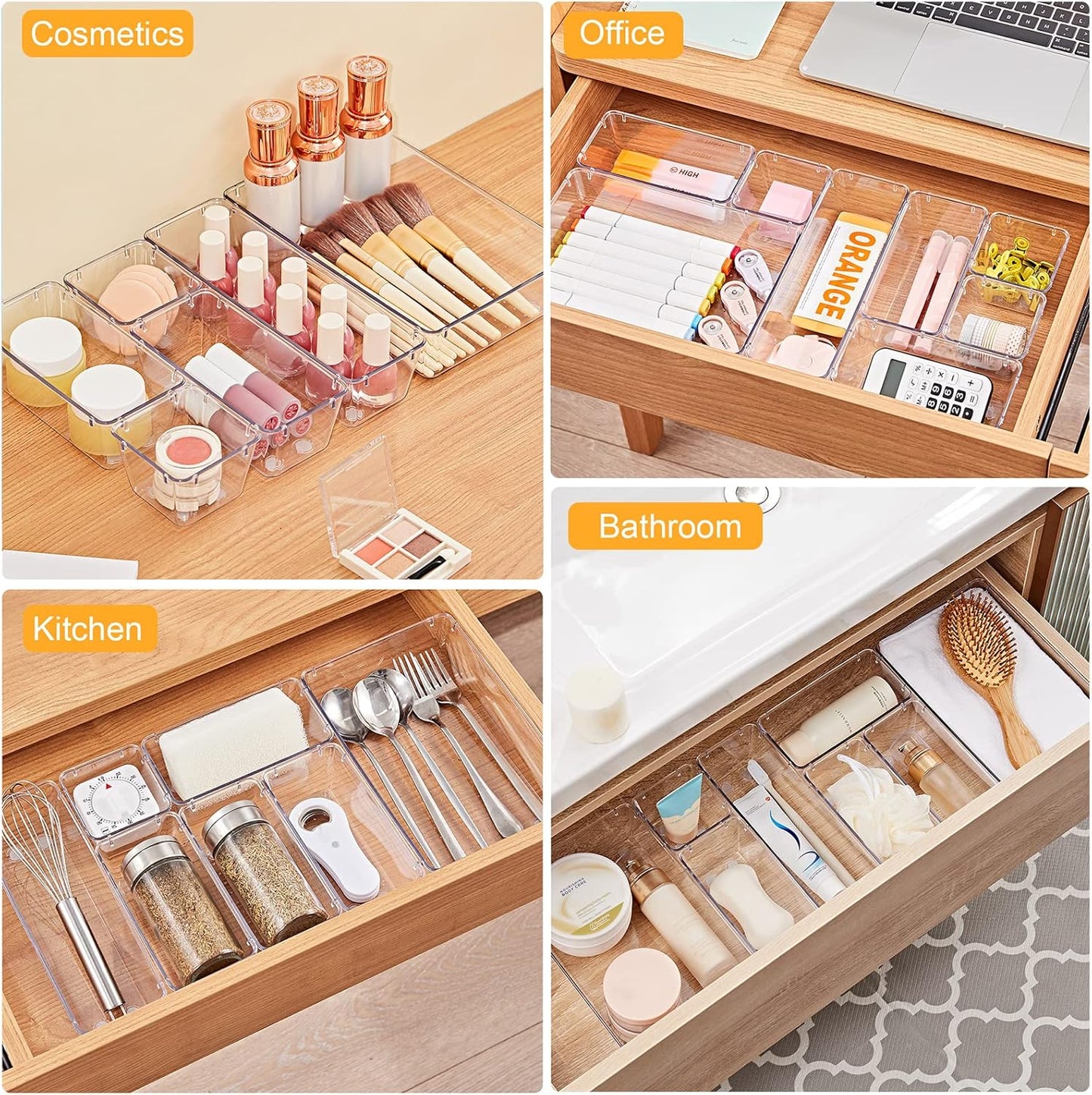 SMARTAKE 28 Piece Drawer Organizers with Non-Slip Silicone Pads, 4-Size Desk Drawer Organizer Trays Storage Tray for Makeup, Jewelries, Utensils in Bedroom Dresser, Office and Kitchen, Clear