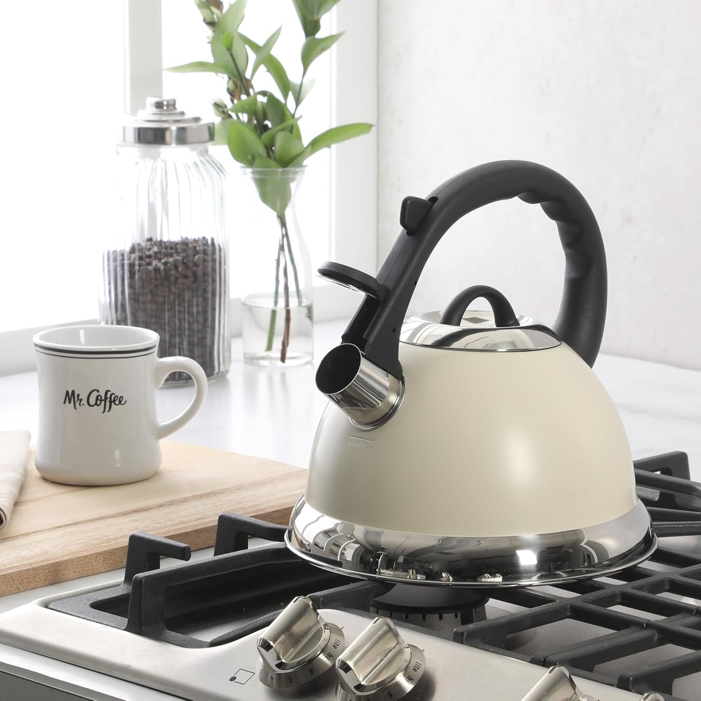 Mr. Coffee Clarefield 2.4 Qt Whistling Tea Kettle – Linen White Stovetop Water Kettle with Lid, Heat-Resistant Nylon Handle and Knob, Stainless Steel Trim