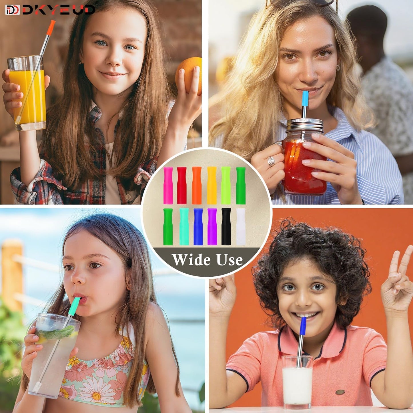 24PCS 12 Colors Food-Grade Metal Straws Reusable Silicone Tips,Silicone Base Sleeve,Only Fit Diameter 0.32In- 8mm Stainless Steel Straws,BPA Free, Eco-Friendly