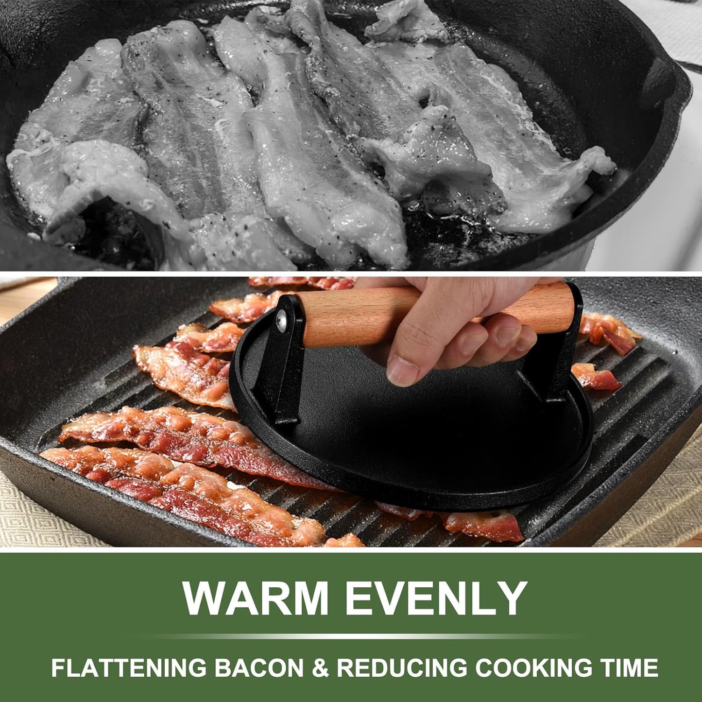 EWFEN Cast Iron Smash Bacon Press Meat Steak with Wood Handle, Burger Press(Round & Rectangle with Flat Bottom)