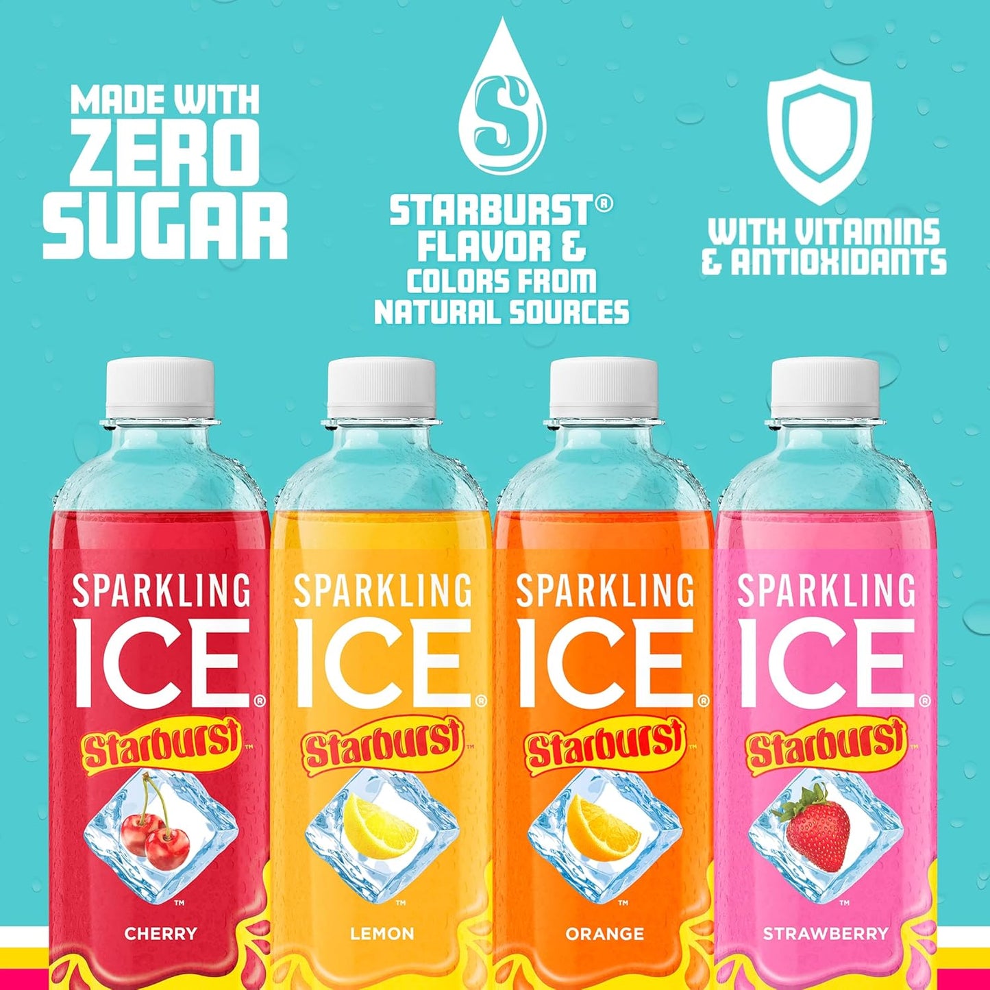 Sparkling Ice STARBURST Variety Pack, Zero Sugar Flavored Sparkling Water, with Vitamins and Antioxidants, Low Calorie Beverage, 17 fl oz, 12 count (Cherry, Strawberry, Lemon, Orange)