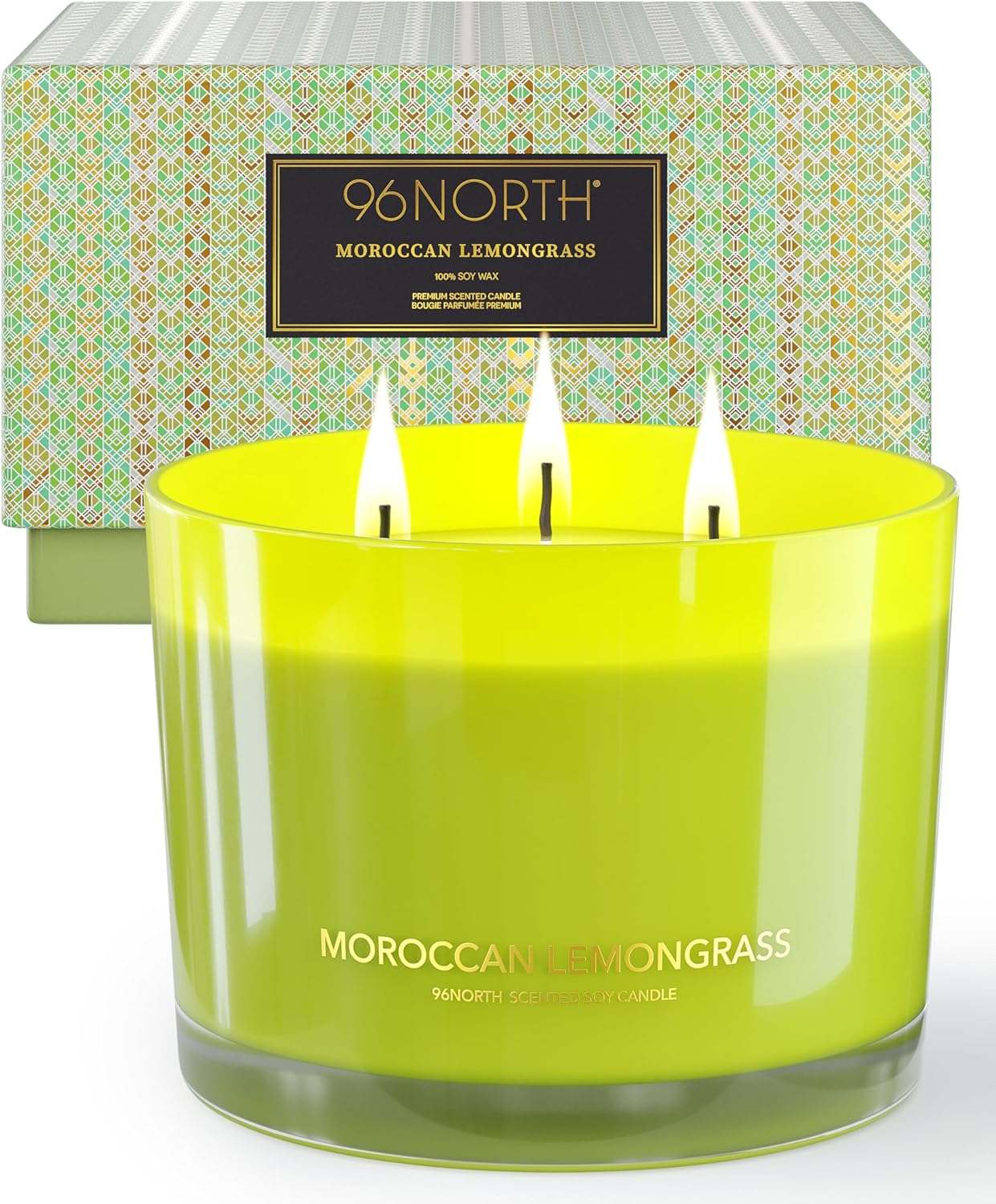 96NORTH Luxury Lemongrass Candle | Large 3-Wick Jar Candle | Up to 40 Hours Burning Time | 100% Natural Soy Wax | Relaxing Aromatherapy Aesthetic Candle | Housewarming Gift for Men and Women
