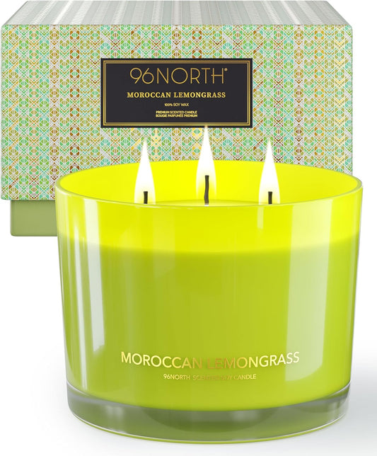 96NORTH Luxury Lemongrass Candle | Large 3-Wick Jar Candle | Up to 40 Hours Burning Time | 100% Natural Soy Wax | Relaxing Aromatherapy Aesthetic Candle | Housewarming Gift for Men and Women
