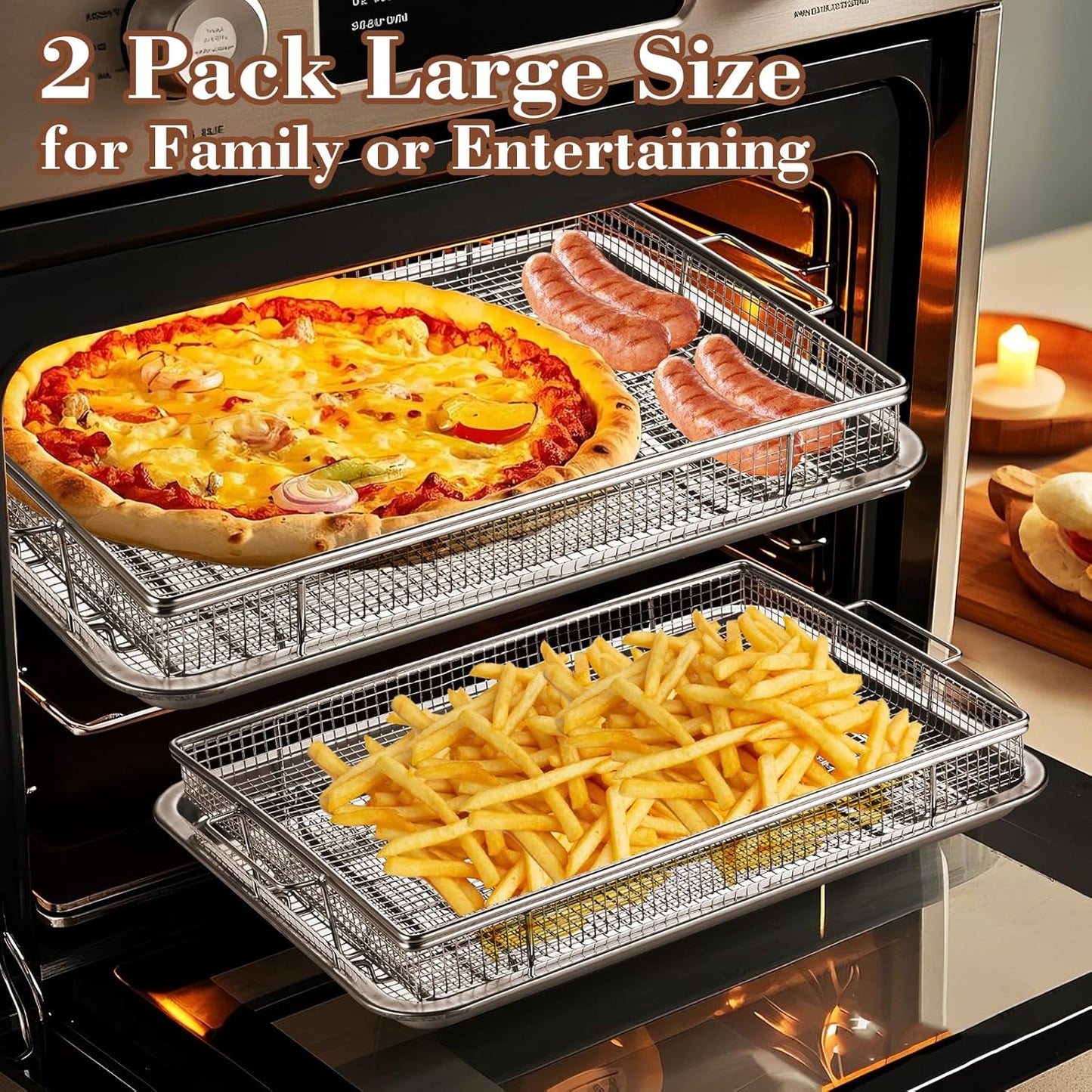 4PCS Air Fryer Basket for Oven, Nonstick Stainless Steel Baking Sheet 360°Heating Grilling Oven Air Fryer Accessories Basket and Tray for Family BBQ Party Cooking 15.5"x11"&13.5"x9.7"