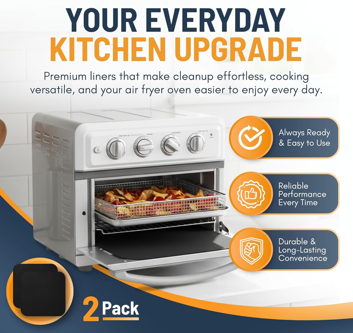 Toaster Oven Liners for Bottom of Oven (2 Pack) Reusable Non-Stick Heat Resistant Toaster Liners, Compatible with Ninja, Cuisinart, Emeril Lagasse & More, Toaster Mat, 12"x12" (Black)