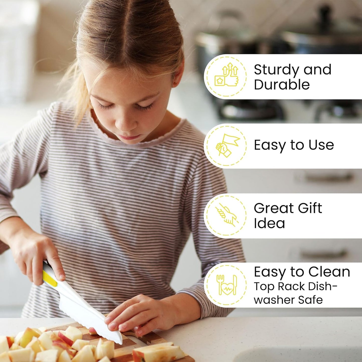 Zulay 3-Piece Kids Knife Set for Real Cooking & Baking - Toddler Knives for Cutting Fruits, Veggies, & Cake - Children’s Montessori Knife with Serrated Edges - Safe & Fun Lettuce Knife (Yellow)