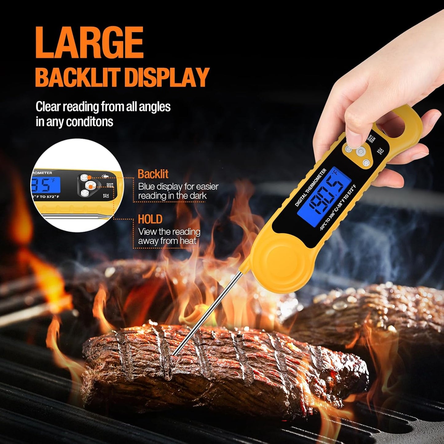 Meat Thermometer Digital, Instant Read Food Thermometer Waterproof with Backlight for Cooking, Deep Fry, BBQ, Grill, Smoker and Roast,Outdoor Fryer Accessories(Yellow)