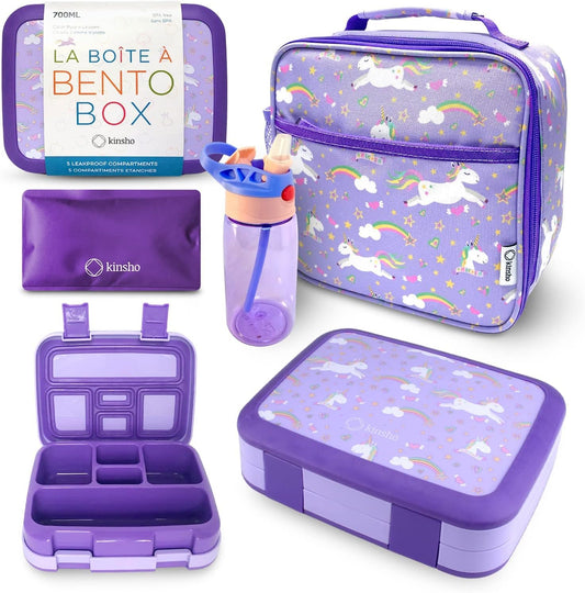 Bento Box with Insulated Lunch Bag, Ice Pack & Water Bottle Set for Kids - 5 Compartments, Lunches or Snack Container Girls, Toddlers Daycare Pre-School, Kindergarten Purple Unicorn