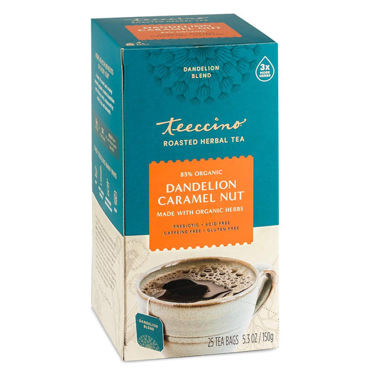Teeccino Dandelion Caramel Nut Tea, 25 Tea Bags - Caffeine Free, Roasted Herbal Tea with Prebiotics, 3x More Herbs than Regular Tea Bags, Gluten Free, Great Hot or Iced, Herbal Tea