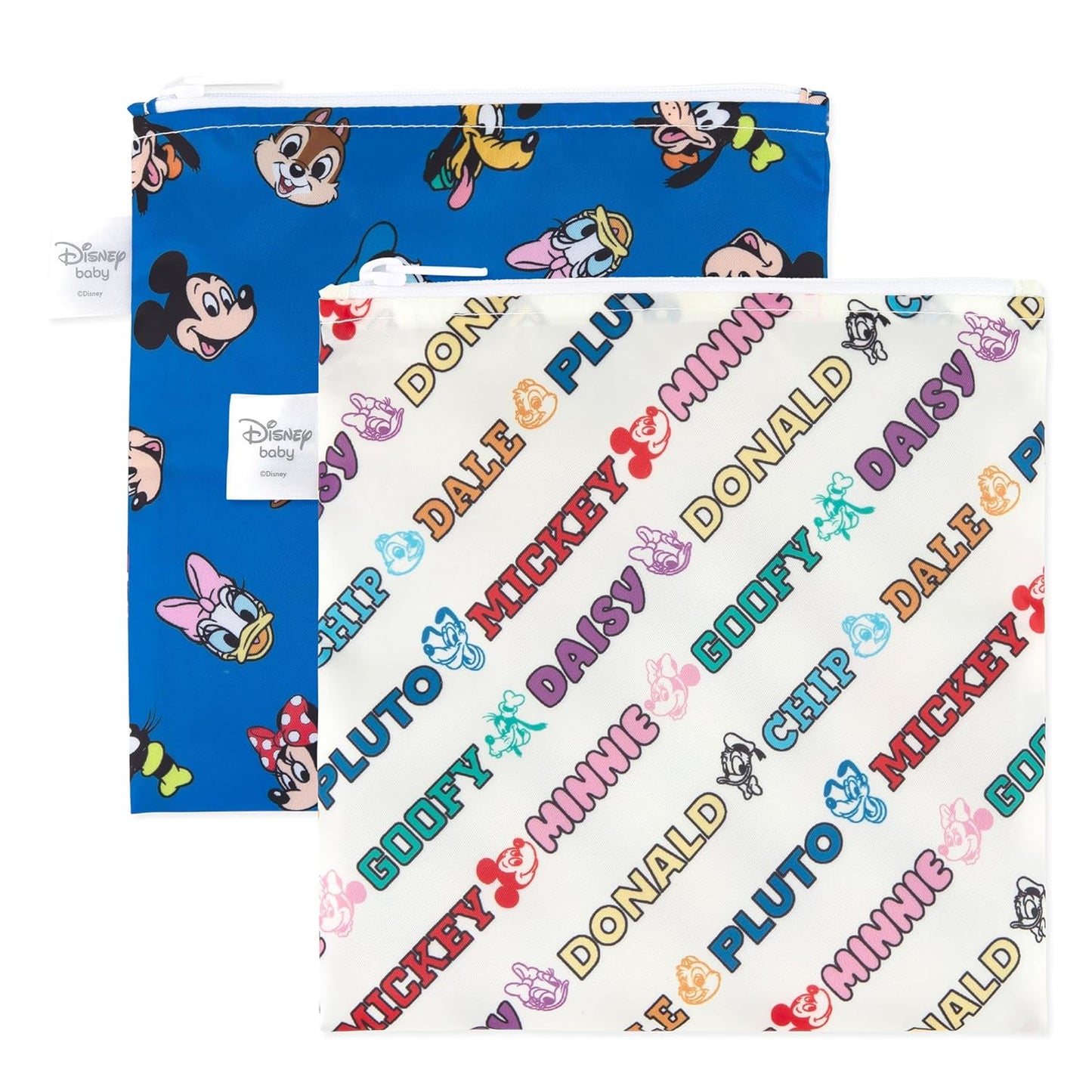 Bumkins Disney Reusable Sandwich and Snack Bags, for Kids School Lunch and for Adults Portion, Washable Fabric, Waterproof Cloth Zip Bag, Travel Pouch, Food-Safe Storage, Large 2-pk Mickey and Friends
