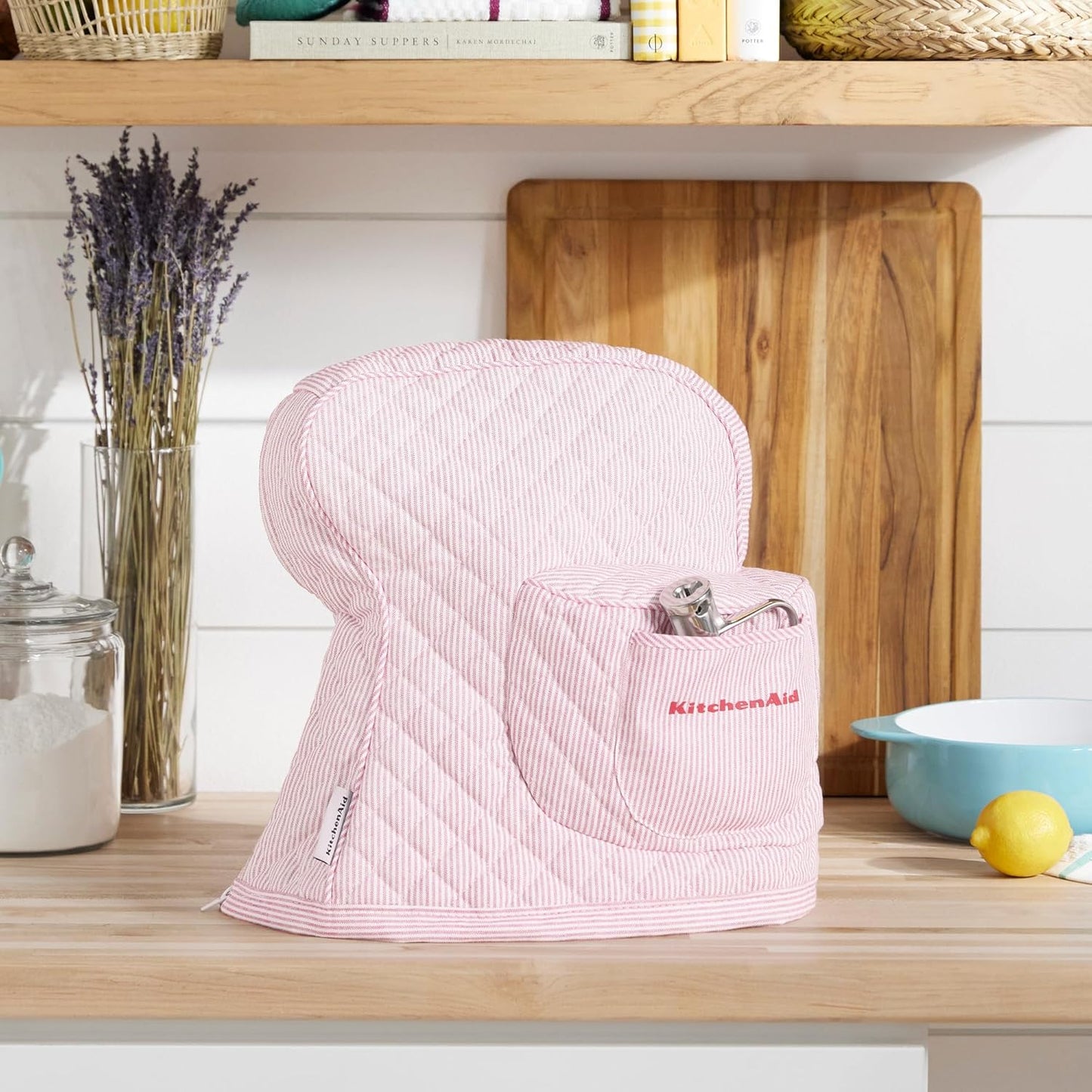 KITCHENAID Fitted Tilt-Head Stand Mixer Cover with Storage Pocket, Quilted 100% Cotton,14.4"x18"x10", Ticking Stripe Hibiscus Pink