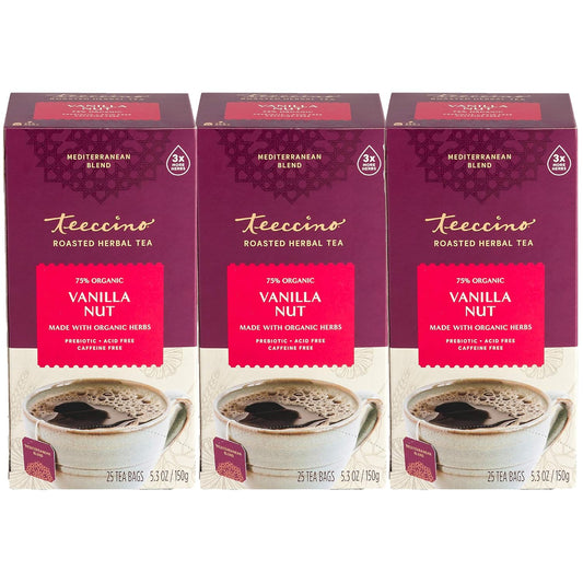 Teeccino Vanilla Nut Herbal Tea - Rich & Roasted Herbal Tea That’s Caffeine Free & Prebiotic for Natural Energy, 25 Tea Bags (Pack of 3)